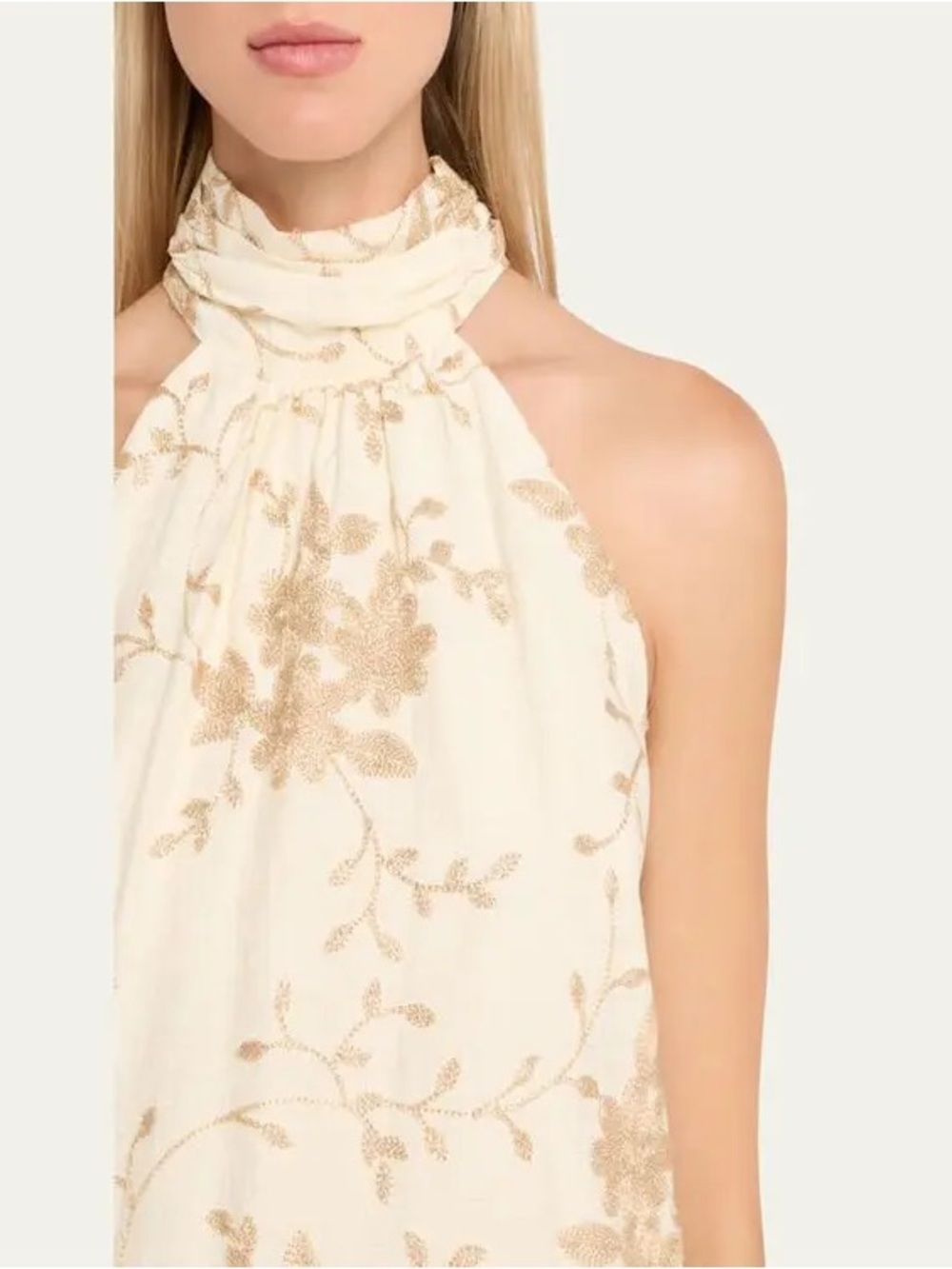Ramy Brook Cream Scarf-Neck Halter with Gold Floral Embroidery